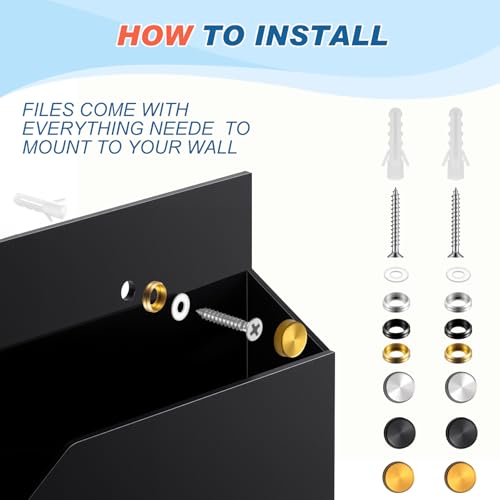 1 Pack 14"x8.3"x2.4" Black Acrylic Wall File Holder Organizer Wall Mount Magazine Document Brochure Mail Pocket Durable File Storage with 3 Colors Screw Cap for Office Home Waiting Room Use