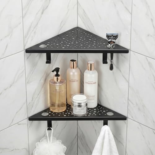 Matte Black Corner Shower Shelves with Hooks and Razor Holes (2 Count)