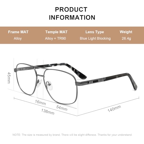 Reading Glasses for Men Square Double Bridge Light Blocking Computer Readers Spring Hinge Metal Frame Acetate Legs