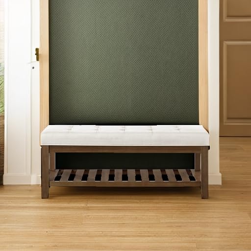 Large Rectangular Upholstered Tufted Linen Ottoman Bench