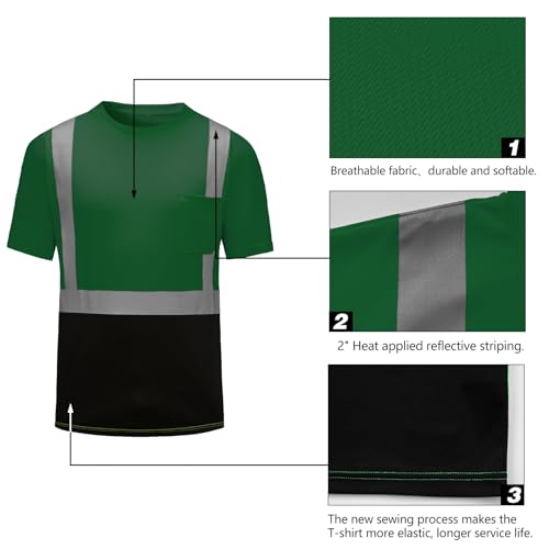 High Visibility Shirts Quick Dry Safety T Shirts with Reflective Strips and Pocket Short Sleeve Mesh Hi Vis Construction Work Class 2 Shirt for Men