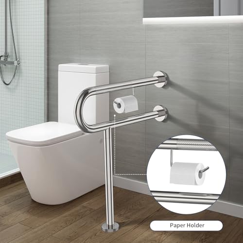 24x28 Inch Chrome Knurled Toilet Grab Bar with Toilet Paper Holder