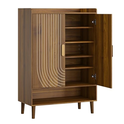 Walnut Shoe Cabinet with Line Groove Design