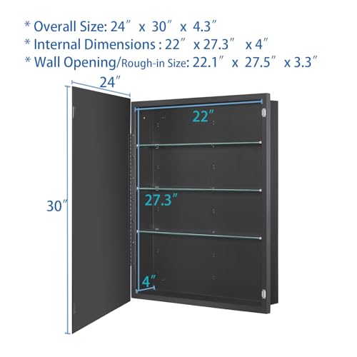 Black Bathroom Medicine Cabinet with Beveled Edge Mirrored Door 24 x 30 inch
