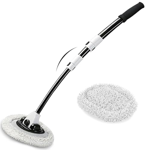 15° Curved Car Wash Brush with Long Handle 43" Microfiber Cleaning Mop Telescopic Extension Pole for Caravan RV Truck Auto SUV Wheel Boat Exterior 2 in1 Carwash Duster Scratch Free