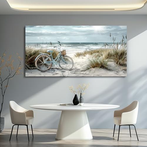 Wall Art For Living Room Canvas Decor For Bedroom Modern Office Decorations Blue Beach Bicycle Seascape Paintings Ocean Landscape Pictures Artwork Ready To Hang Home Decor