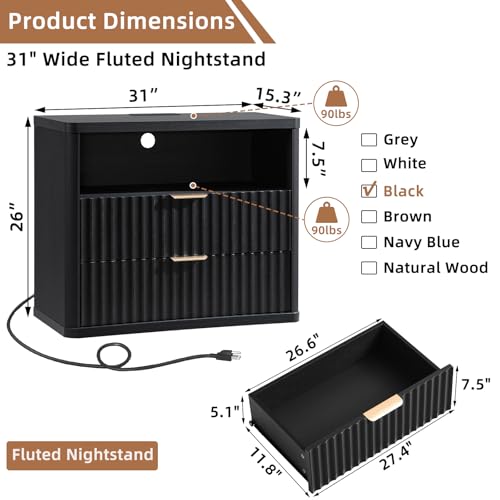 31" Wide Fluted Nightstand with Charging Station
