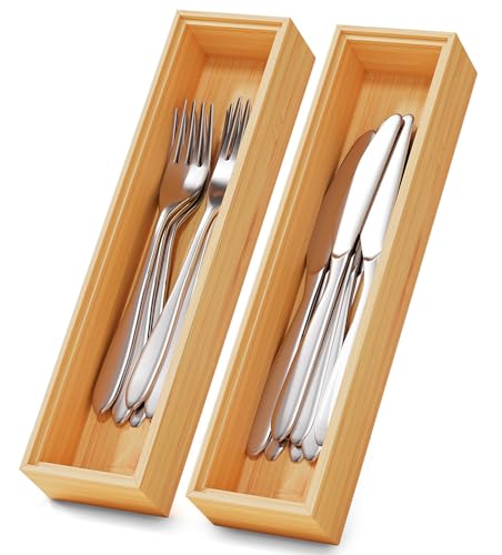 Bamboo Kitchen Drawer Organizer Boxes 12" x 3" Stackable Wooden Organizers (2 Count)