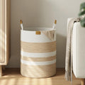 62L Striped Laundry Hamper with Leather Handles