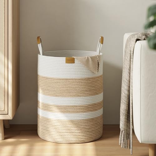62L Striped Laundry Hamper with Leather Handles