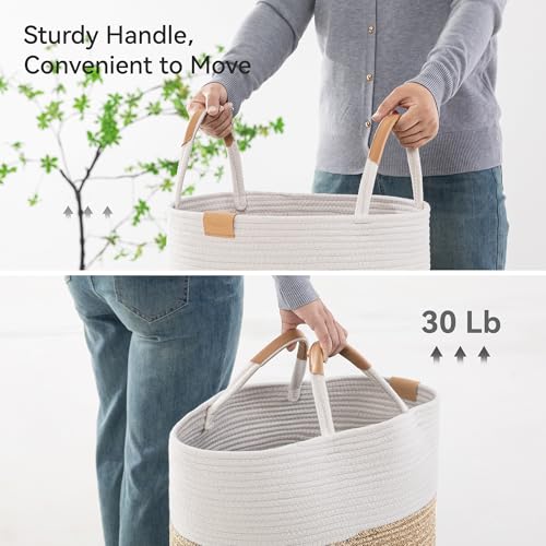 62L Striped Laundry Hamper with Leather Handles