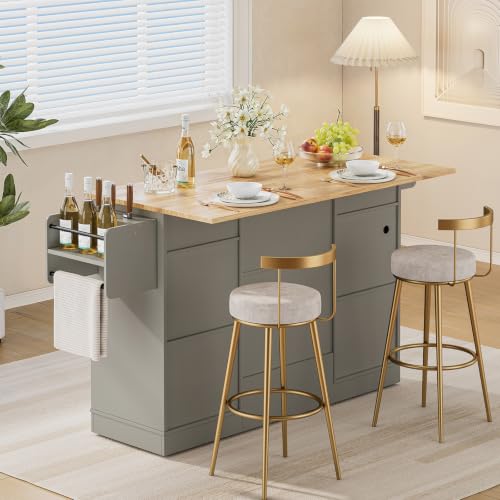 Kitchen Islands with Movable Wood Cutting Board & Trash Can