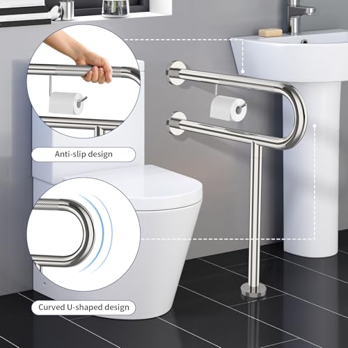 24x28 Inch Chrome Knurled Toilet Grab Bar with Toilet Paper Holder