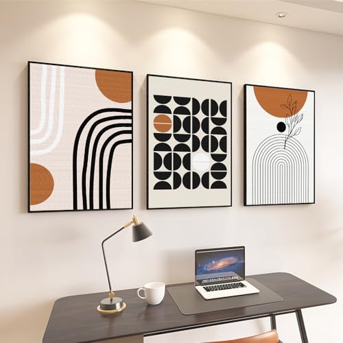 3Pcs Black Brown Boho Abstract Geometric Line Framed Canvas Wall Art (3 Count)