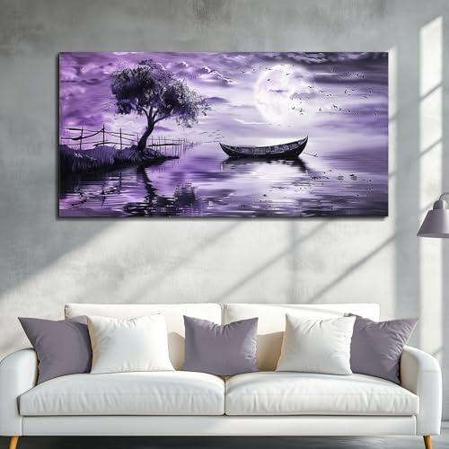 Canvas Wall Art For Living Room Large Wall Decor For Bedroom Office Decoration Landscape Pictures Modern Purple Lake View Wall Painting Artwork Hotel Room Ready To Hang Home Decor 24x48 In