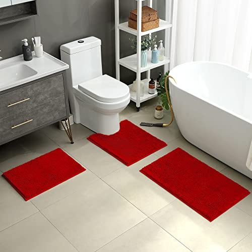 Red Chenille Bathroom Rugs Set of 3 (3 Count)