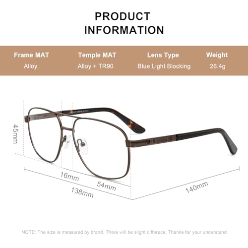 Reading Glasses for Men Square Double Bridge Light Blocking Computer Readers Spring Hinge Metal Frame Acetate Legs