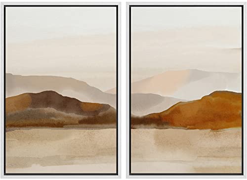Framed Canvas Print Wall Art Pastel Brown Mountain Range Ocean Lake Wilderness Nature Illustrations Modern Art Decorative Calm (2 Count)