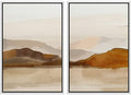 Framed Canvas Print Wall Art Pastel Brown Mountain Range Ocean Lake Wilderness Nature Illustrations Modern Art Decorative Calm (2 Count)