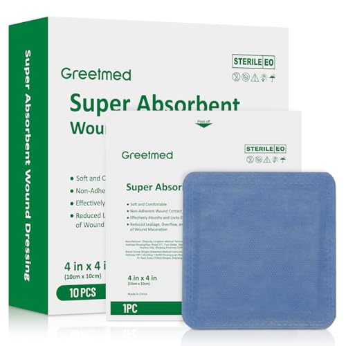 Super Absorbent Wound Dressing 4"x 4" 10 Individual Pack Fast Healing Wound Care Non Stick Bandages Gauze Pads for Surgical Ulcer High Exudating Wounds Burns Lacerations (10 Count)