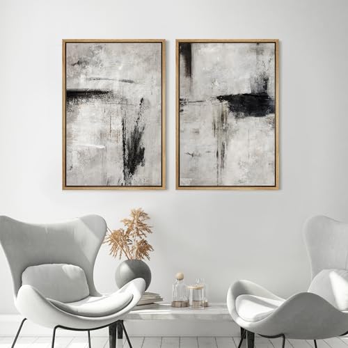 Framed Canvas Print Wall Art Grey Black Abstract Shape Illustrations Modern Art Decorative Bohemian Colorful Chic for Living Room (2 Count)