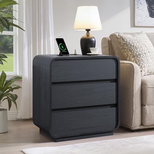 Black Curved Night Stand Set of 2 with Charging Station (2 Count)