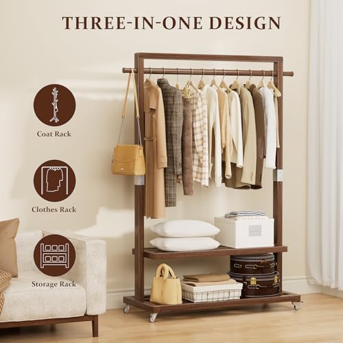 Wood Clothing Rack Solid Wood Clothes rack with Wheels 2 Shelves