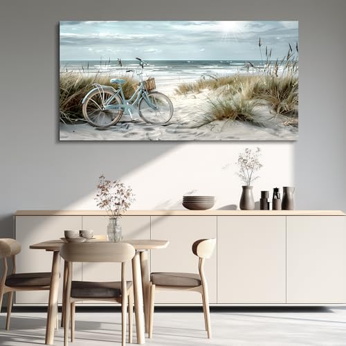 Wall Art For Living Room Canvas Decor For Bedroom Modern Office Decorations Blue Beach Bicycle Seascape Paintings Ocean Landscape Pictures Artwork Ready To Hang Home Decor