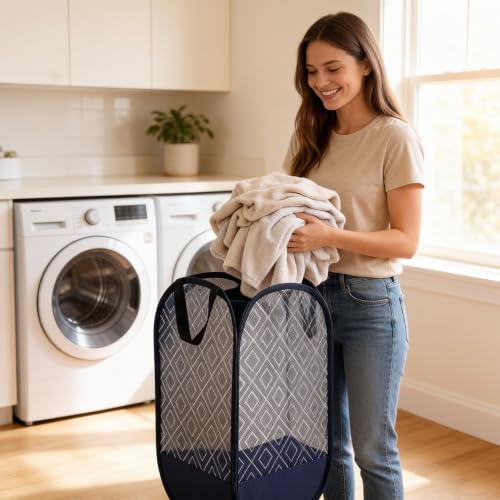 100L Extra Large Mesh Pop Up Laundry Hamper 2 Pack. Blue Travel Basket (2 Count)