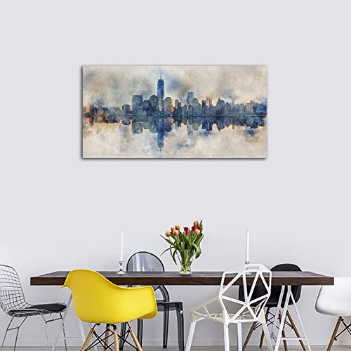 Extra Large New York Skyline Wall Art Abstract City Reflection Canvas Picture Print Modern Gray Canvas Artwork Decoration for Living Room Bedroom Office Home Wall Decor Framed Ready to Hang 29" x 58"