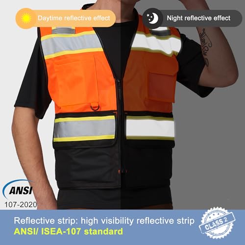 Personalized Orange Black Event Staff Vest Zipper ANSI 107 3XL