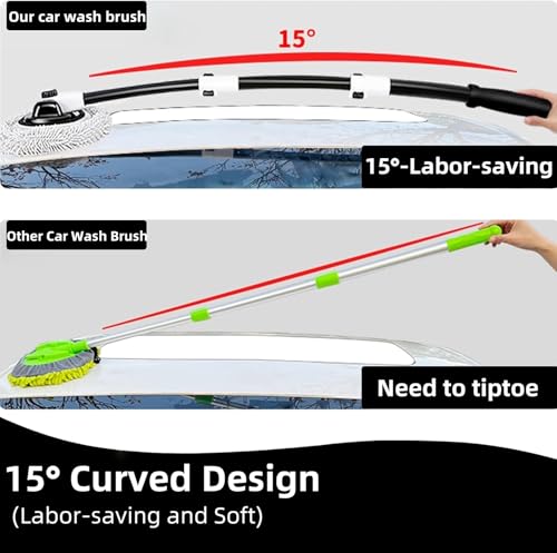 15° Curved Car Wash Brush with Long Handle 43" Microfiber Cleaning Mop Telescopic Extension Pole for Caravan RV Truck Auto SUV Wheel Boat Exterior 2 in1 Carwash Duster Scratch Free