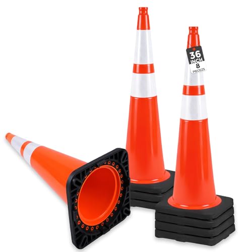 8 Pack 36 Inch Large Traffic Cones with Wide Weighted Base