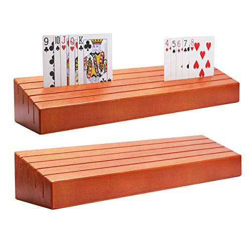 Wooden Playing Card Holder Set of 2 Solid Card Tray Rack Organizer for Kids Seniors Adults