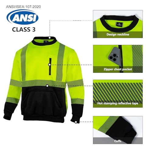 Hi Vis Safety Sweatshirts for Men Reflective ANSI Class 3 High Visibility Construction Work Crew Sweatshirt No Hood