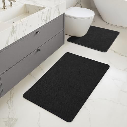 Set of 2 U Shaped Toilet Bathroom Rug and Mat Black 17"x27"+20"x24"