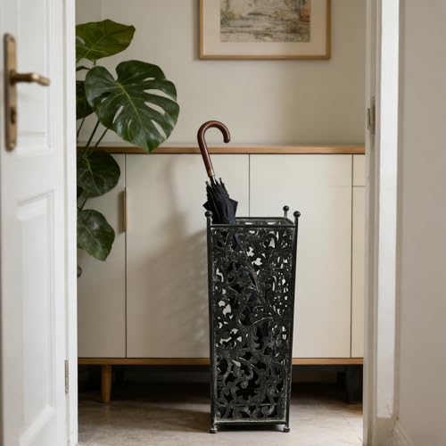 Vintage Black Metal Umbrella Holder with Ornate Cutout Pattern Antique Decorative Umbrella Stand with Detachable Drip Tray for Entryway Storage Umbrellas Canes & Walking Sticks