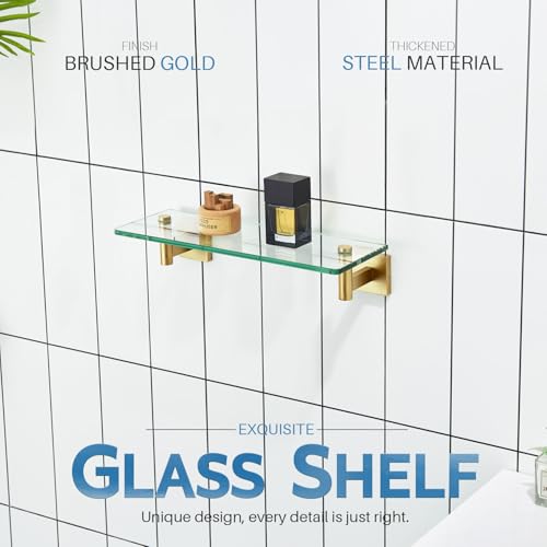 Wall Shelves Floating Shelf 12'' Gold Stainless Steel Bathroom Hardware Tempered Glass Hanging Rack Storage
