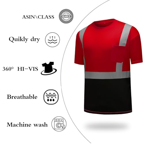 High Visibility Shirts Quick Dry Safety T Shirts with Reflective Strips and Pocket Short Sleeve Mesh Hi Vis Construction Work Class 2 Shirt for Men