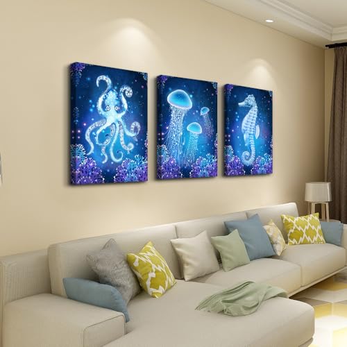 Wall Art Paintings For Bedroom Living Room Wall Decor Blue Ocean Life Theme Art Prints Wall Artworks Sea Animal Sea Horse Octopus Jellyfish Pictures Bathroom Home Decor Posters 3 Panels (3 Count)