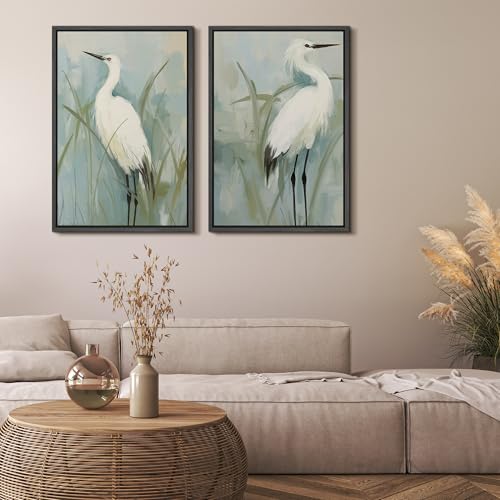 Framed Canvas Print Wall Art White Heron Pair in Marsh Coastal Illustrations Modern Art Decorative Bohemian Colorful for Living Room (2 Count)