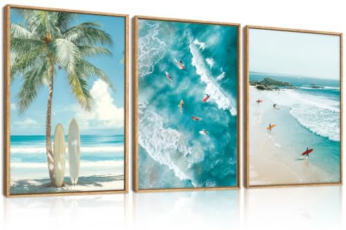 Extra Large Surfing Tropical Beach Framed Wall Art 24x36 Inch Blue Summer Coastal Canvas Wall Decor Surfboard Seaside Tree Landscape Art Print for Living Room Bedroom Set of 3