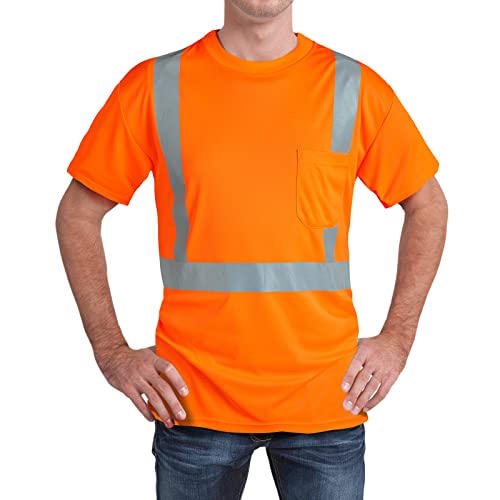 High Visibility Shirts Quick Dry Safety T Shirts with Reflective Strips and Pocket Short Sleeve Mesh Hi Vis Construction Work Class 2 Shirt for Men