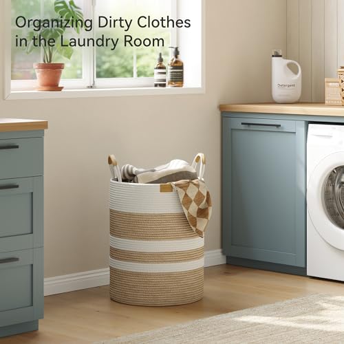 62L Striped Laundry Hamper with Leather Handles