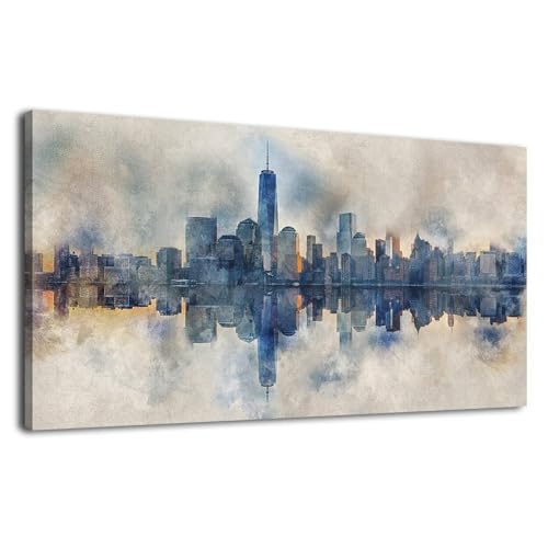 Extra Large New York Skyline Wall Art Abstract City Reflection Canvas Picture Print Modern Gray Canvas Artwork Decoration for Living Room Bedroom Office Home Wall Decor Framed Ready to Hang 29" x 58"