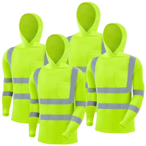 4 Pcs Reflective Safety T Shirt High Visibility Work Shirts with Hood Sun Protection Construction (4 Count)
