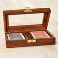 Playing Cards Set of 2 in Handmade Wooden Storage Box Case Holder with 5 Dice in Antique Design Anniversary Birthday Gifts "Made in India"