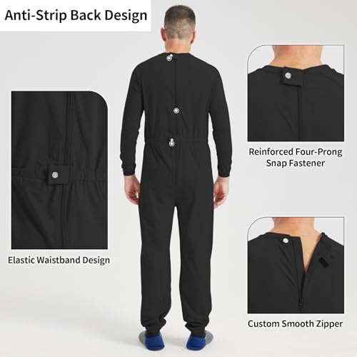 Anti Strip Clothing for Elderly Adaptive Jumpsuit with Easy Access Back Zipper Pajamas for Dementia Patients & Limited Mobility Black