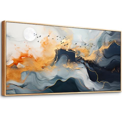 Framed Wall Art Abstract Large Canvas Picture Marble Fluid Art with Gold Foil Moon & Bird Design Home Decor for Living Room Bedroom Hotel Office Wall Decorative Artwork Ready to Hang 24x48