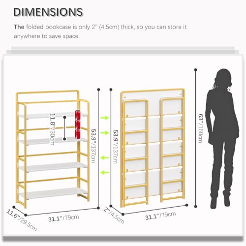 No Assembly Extra Wide 4 Tiers Folding Bookshelf Storage Shelves Vintage Bookcase Standing Racks Study Organizer Home Office